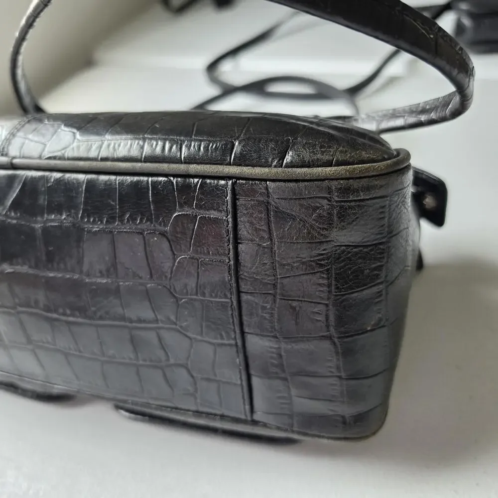 Fossil Shoulder Bag Womens Small Black Croc Embossed Leather Zip Purse Handbag